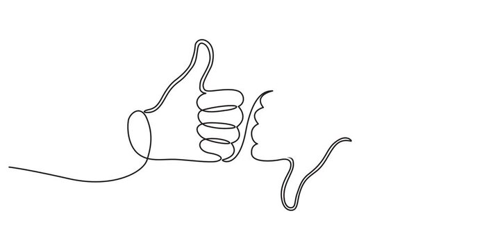 Continuous one line up thumb  ikon like hand down drawing good. Up down thumb dislike media art ok social feedback finger illustration sign okey creative vote yes positive community linear concept