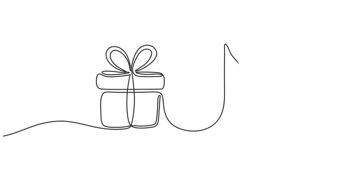Continuous single line art illustration of a minimalist gift box connected to a musical eighth note, featuring a clean black vector contour design. Perfect conceptual graphic for holiday songs, festiv