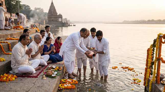 A traditional Hindu ritual taking place on the stone steps of a riverbank, where a man pours ashes and contents from a clay pot into the river water, while family members stand and sit nearby with han