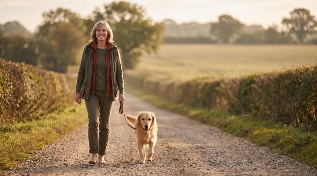 Mature adult walks a leashed dog on a gravel country lane