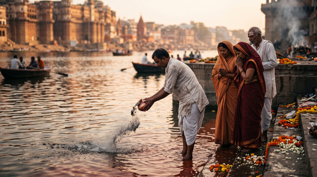 A traditional Hindu ritual taking place on the stone steps of a riverbank, where a man pours ashes and contents from a clay pot into the river water, while family members stand and sit nearby with han