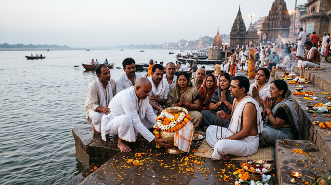 A traditional Hindu ritual taking place on the stone steps of a riverbank, where a man pours ashes and contents from a clay pot into the river water, while family members stand and sit nearby with han