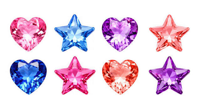 Set of colorful crystal hearts and stars isolated on transparent background