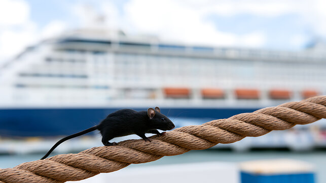 Small black rodent, a rat, walks along a thick, twisted rope with a large cruise vessel blurred in the background on a sunny day