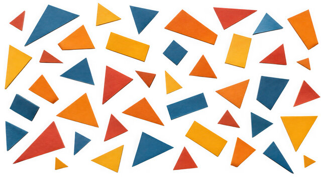Set of colorful geometric shapes including triangles and rectangles isolated on transparent background