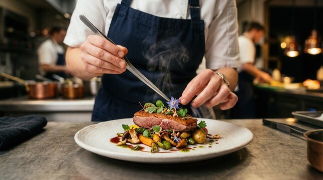 A professional chef preparing a gourmet dish in a high-end restaurant kitchen.