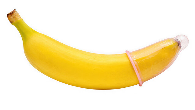 A yellow banana with a condom on it isolated on transparent background