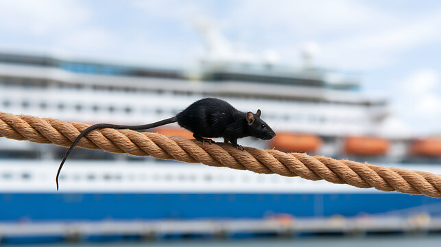 Small black rodent, possibly a rat (Rattus), walks carefully along a thick rope with a large passenger vessel in the background under a bright sky