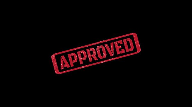Approved rubber stamp seal with distressed texture stamping animation on black background 4k