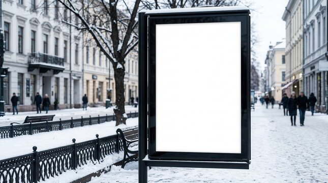 Vertical blank billboard mockup in a snowy winter city setting.