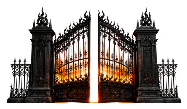 Gothic wrought iron gates with fire glowing behind them isolated on transparent background