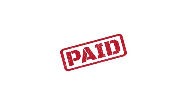 Paid rubber stamp seal with distressed texture stamping animation on white background 4k