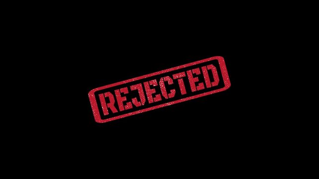 Rejected rubber stamp seal with distressed texture stamping animation on black background 4k
