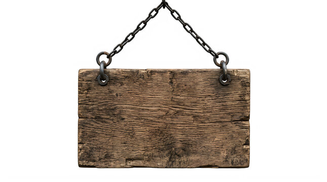 Rustic wooden sign hanging on metal chains isolated on transparent background, illustration