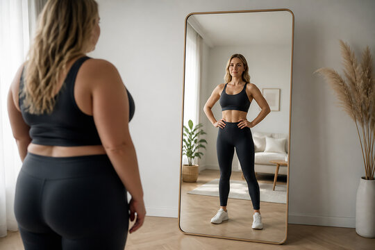 A woman in workout attire is posing in front of a full-length mirror inside a bright, modern room.