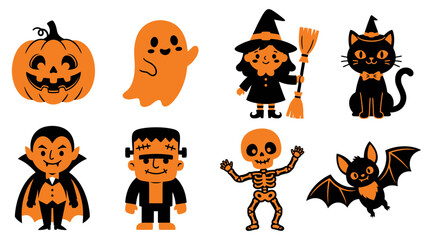 Fototapeta premium A delightful collection of classic halloween characters including a pumpkin ghost witch cat vampire frankenstein skeleton and bat