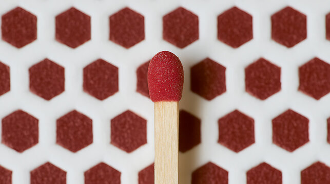 Single wooden matchstick with red head stand upright against a white background with a repetitive pattern of red hexagonal shapes
