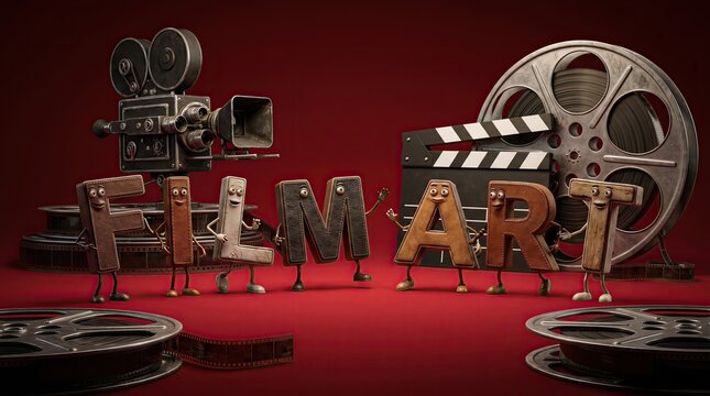 Movie Magic: Adorable animated letters spell out FILM ART amidst a vibrant tableau of vintage film equipment, celebrating the enchanting world of cinema.