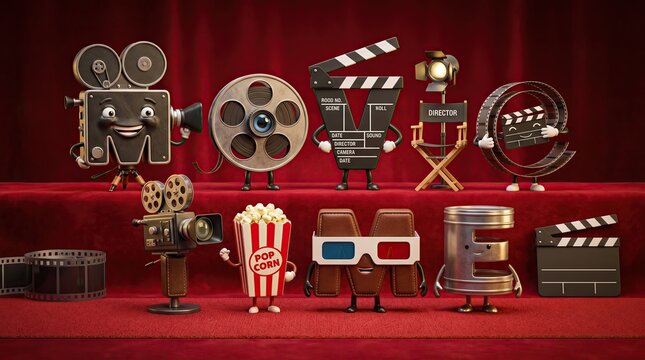 Hollywood Dream: A whimsical cinematic ensemble featuring animated letters and iconic movie elements spell out HOLLYWOOD against a luxurious red carpet backdrop.