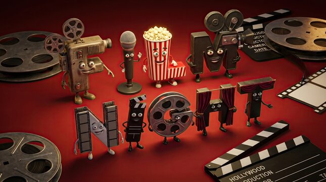 Film Night Characters: Playful, anthropomorphic letters spell out FILM NIGHT surrounded by vintage film reels, popcorn, a clapperboard, and an old-fashioned movie camera.