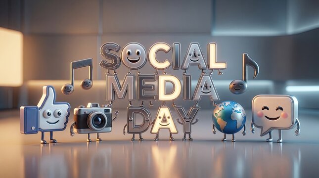 Social Media Day Celebration: A whimsical and vibrant display of cartoonish characters representing social media icons and symbols celebrates Social Media Day with a playful and engaging aesthetic.
