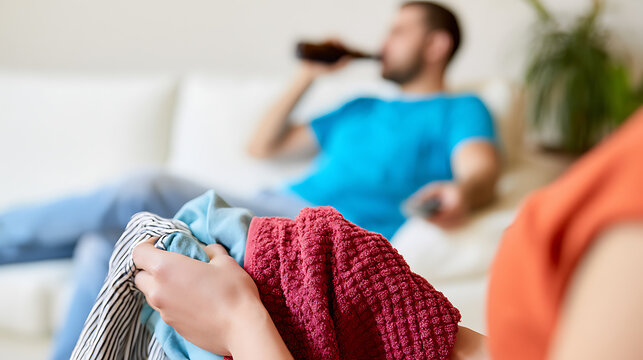 Woman hold laundry while man relax on sofa, drink beverage, watch television, and ignore household chores, concept of unequal burden
