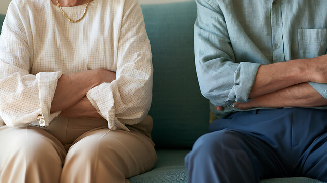 Close-up of a mature couple, middle-aged or senior, with crossed arms, sitting apart on a sofa, conveying tension and unresolved conflict in their relationship