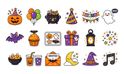 Fototapeta premium A collection of charming black and white halloween stickers with festive icons for holiday celebrations