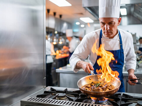 Focused chef cooking meat with high flame in a busy commercial kitchen celebrating culinary professionals and restaurant workers on Labor Day