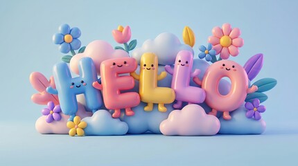 Fototapeta premium HELLO in Cheerful Cartoon Style: The word HELLO is brought to life with playful, anthropomorphic letter characters, surrounded by soft clouds, vibrant flowers, and delicate leaves.