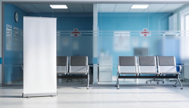roll up banner, vertical mockup, standee, hospital waiting room, clinic lobby, medical display, clean interior, floor banner stand, poster
