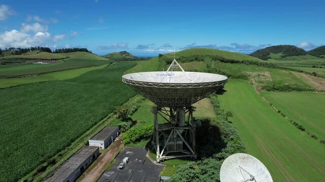Aerial view of the abandoned Marconi satellite ground station in Faja de Cima, Sao Miguel, Azores, Portugal.