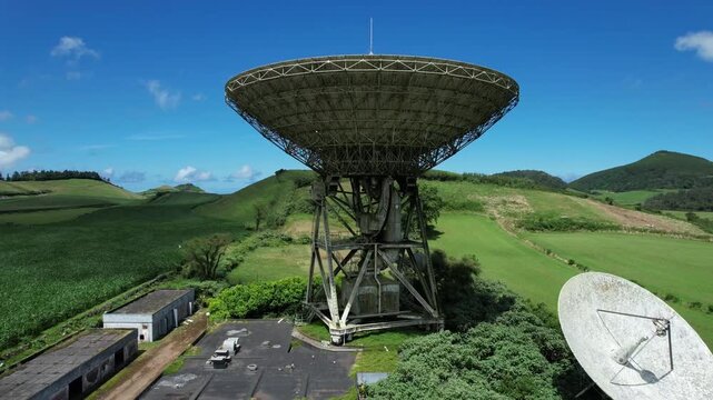 Aerial view of the abandoned Marconi satellite ground station in Faja de Cima, Sao Miguel, Azores, Portugal.