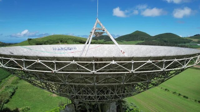 Aerial view of the abandoned Marconi satellite ground station in Faja de Cima, Sao Miguel, Azores, Portugal.