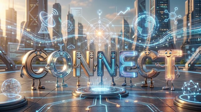 Connected Future: The word CONNECT comes to life with anthropomorphic letters, standing proudly against a backdrop of a futuristic cityscape.