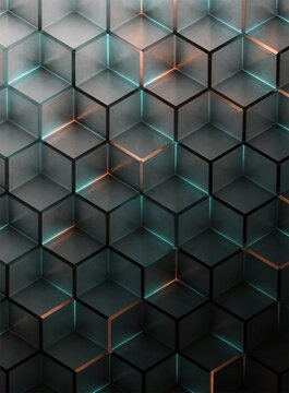 Abstract 3D hexagonal cube pattern with glowing green and red light lines on a dark geometric background