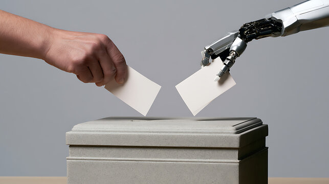 Human and robotic hands cast ballots into a ballot box, symbolizing the intersection of humanity and artificial intelligence in decision-making processes and the future of democracy