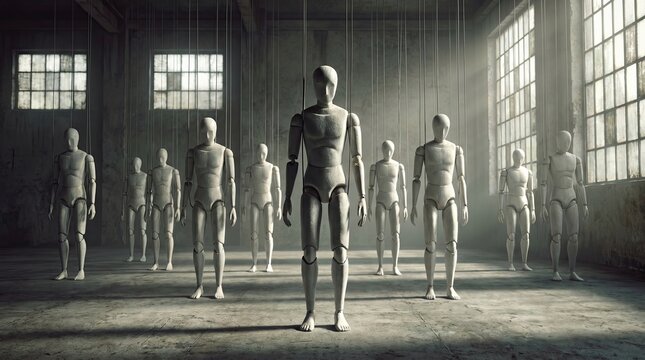 Wooden Mannequins in Warehouse: A group of lifeless wooden mannequins stand in formation inside a dimly lit, industrial warehouse, creating an eerie and unsettling atmosphere.