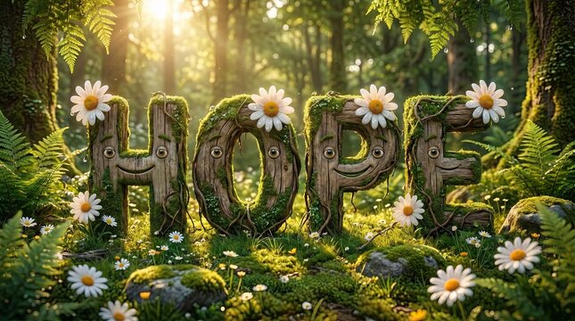Whispers of Hope in a Verdant Forest: The word HOPE carved from textured wood, adorned with delicate daisies and vibrant moss, stands majestically amidst a sun-dappled forest clearing.