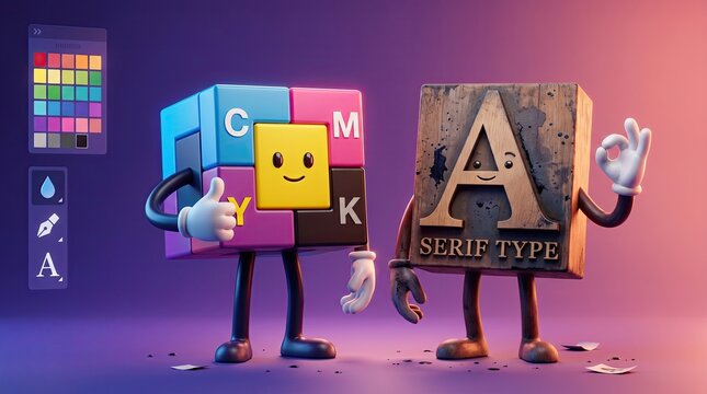 Creative Design Elements: A whimsical CMYK color cube character and a classic serif typeface block character stand together, surrounded by digital design tools.