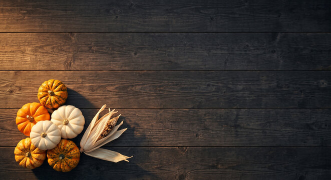 Top-down Flatley of Miniature Pumpkins and Dried Corn Husks Cozy Autumn Corner on Dark Wooden Planks