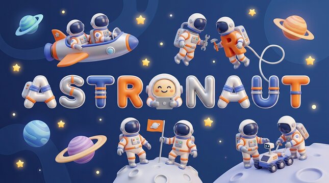 Cute cartoon astronauts in space with planets and rocket cosmic exploration adventure