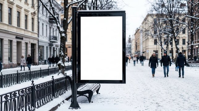 Empty white poster placeholder on a street sidewalk during winter.