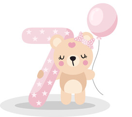 Fototapeta premium Cute Teddy Bear Holding Pink Number Seven With Birthday Balloon