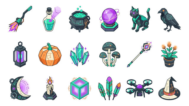 Set of futuristic magic items including robotic broomstick, cyber cauldron, crystal ball, digital raven, geometric pumpkin, quantum staff, mechanical moon, energy cube, and hovering drone icons Vector
