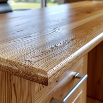 Close-up of a wooden table surface with a pen and paper.