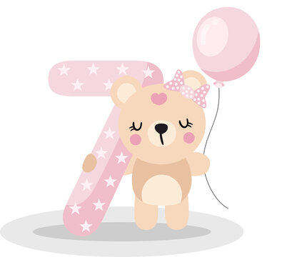 Cute Teddy Bear Holding Pink Number Seven With Birthday Balloon