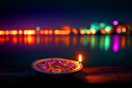 Colorful Diya Oil Lamp with Glowing Flame and Festive Bokeh Lights for Diwali, ai generated