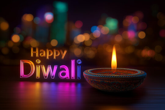 Happy Diwali Greeting with Colorful Diya Oil Lamp and Festive Bokeh Lights, ai generated