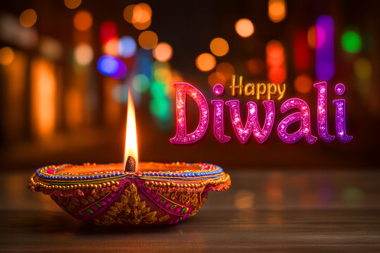 Happy Diwali Greeting with Colorful Diya Oil Lamp and Festive Bokeh Lights, ai generated